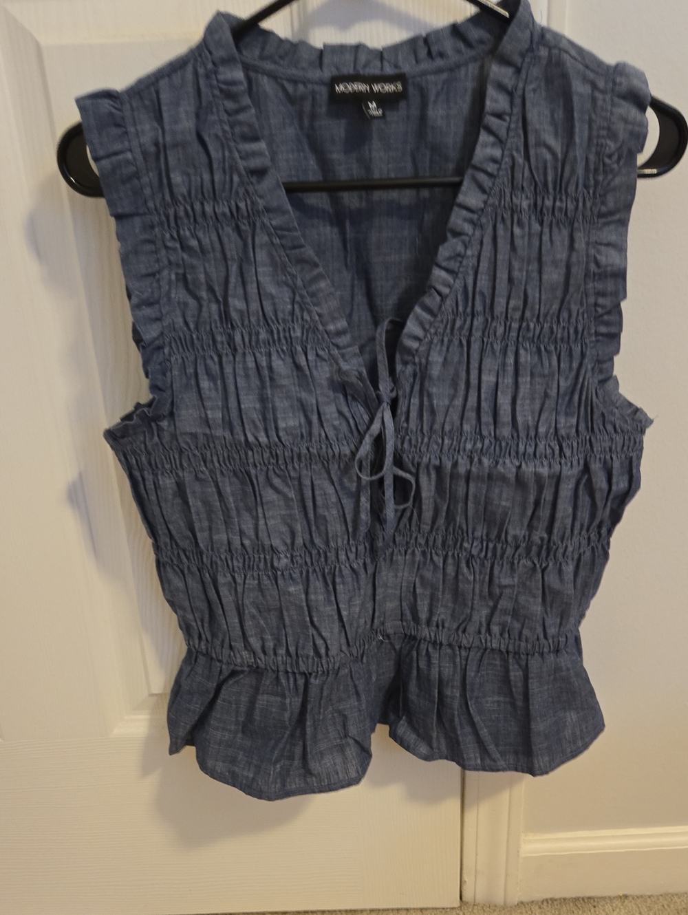 Modern Works Blue Sleeveless Smocked V-Neck Peplum Top